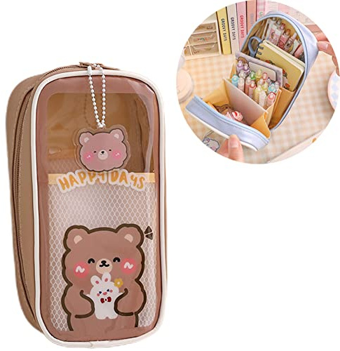 Kawaii Stifteetui, für Schüler, Aesthetic Cute Pencil Case für Mädchen, transparent, große Kapazität, Stiftehalter, Kawaii School Supplies Pencil Case(Braun)