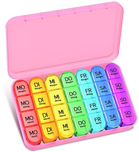 Betife Tablettenbox 7 Tage 4 Fächer Morgens Mittags Abends Nachts | BPA-Frei Pillendose Groß für Unterwegs | Medikamentenbox Wochenbox (Rosa)