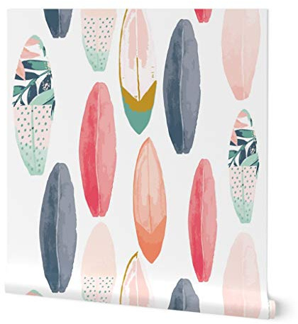 Peel & Stick Wallpaper 6ft x 2ft - Girl Tropical Table Surf Board Surfboard Beach House Blue Pink Watercolor Surfing Custom Removable Wallpaper by Spoonflower