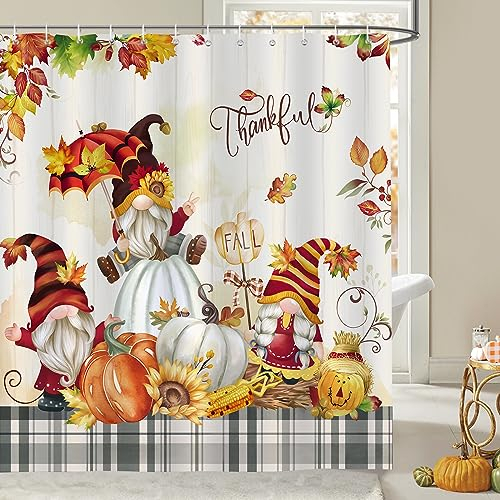 Bonhause Duschvorhang Herbst Wichtel Kürbis Ahorn Erntedankfest Zwerge Duschvorhänge 180 x 180 cm Anti-Schimmel Wasserdicht Polyester Stoff Waschbar Bad Vorhäng für Badzimmer mit 12 Haken