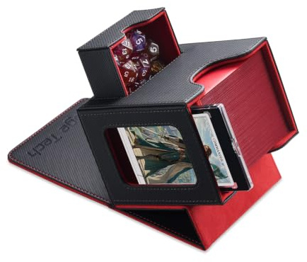 Mage Tech Commander Deck Box per MTG - Design Brevettato, Vetrina Commander, Adatta a 100 Carte Double-Sleeve, Porta Carte Magnetico da 35pt & Vassoio per Dadi - Nero/Rosso