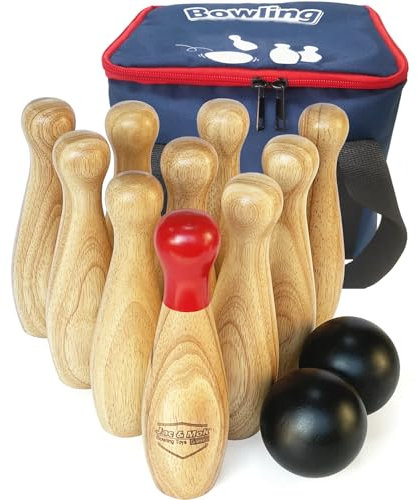 Jac & Mok Bowling Set -Kegelspiel aus Holz - Dosenwerfen Bowling Spiel Outdoor & Indoor Spielzeug (10 Kegel und 2 Bälle, 20cm Höhe)