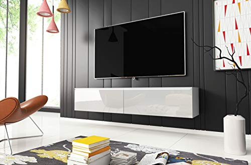 MINIO go for it - Meuble TV Donna Largeur 140 cm Lowboard sans LED | Debout ou suspendu, meuble TV pour le salon, couleur : blanc mat / blanc brillant