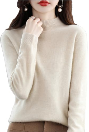CUSON Maglioni in Cashmere da Donna, 100% Cashmere, a Maniche Lunghe, Girocollo, Morbido e Caldo (Beige, S)