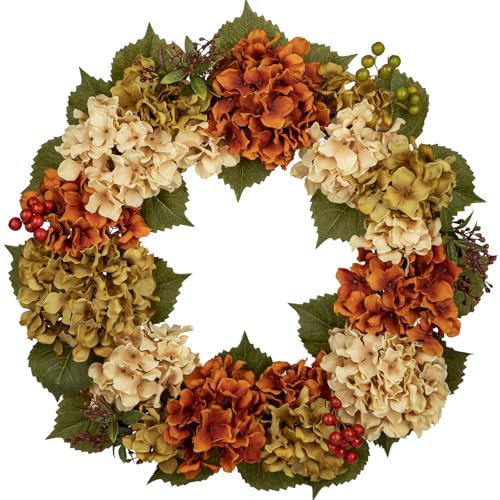 Hollyone 61 cm Künstliche Hortensienkranz Herbst Dekoration Kranz, Falsche Blumen Türkranz, Faux Beige Grün Orange Hortensien Kranz Deko für Haustür, Mantel, Wand, Bauernhof Dekor