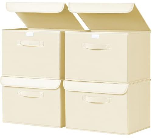 Homsorout Aufbewahrungsboxen mit Deckel, 38 x 25 x 25 cm, Beige, 4er Set | Aufbewahrungskorb Stoff Faltbare, Ordnungsboxen Kleiderschrank Organizer, Für Kleidung, Schrank, Würfelregal, Socken
