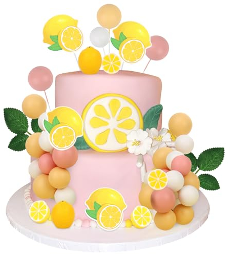 Cheereveal Pink Lemon Cake Decorations - Fruit Leaves Cake Cupcake Figures Toppers Ball Dessert Picks, Lemon Theme Birthday Party Baby Shower Bachelorette Celebration Photo Props