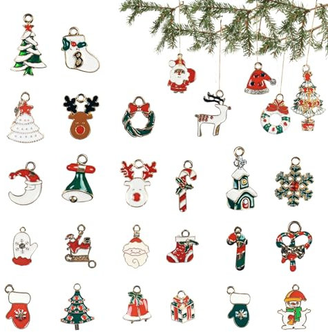 30-teilig Weihnachtsanhänger Kleine Weihnachtsbaum Deko Anhänger aus Emaille,Mini Anhänger Adventskalender Deko,Miniatur Christbaumschmuck Ornamente Baumschmuck Weihnachten