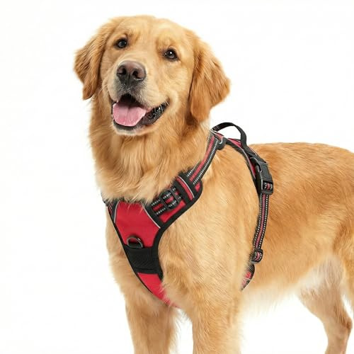 Funfox Dog Harness Large Dog, 2 Clips No Pull Vest Harness Handle Control, Adjustable Pet Harness with Reflective Strips Outdoor Traction Specialized Chest Harness Safe Walking Dog, Red, XL