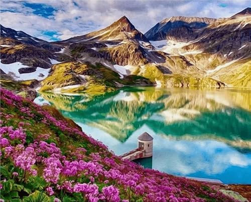 Landschaft Malen Nach Zahlen Erwachsene Bastelset, Paint by Numbers Blume Malen Nach Zahlen Anfänger, DIY Ölgemälde Leinwand Set mit 3 Set Pinsels und Farbe, Zimmer Deko 90x120cm, Geschenk für Frauen