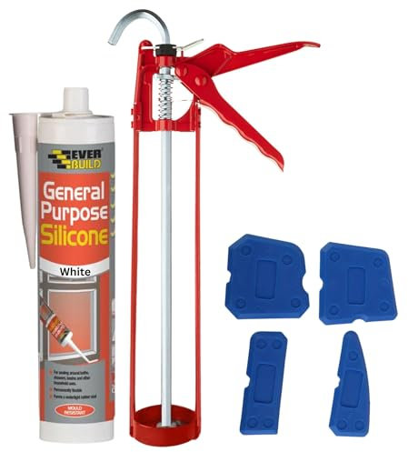 White Silicone Sealant Anti Mould Set - Bundle Includes 11 Inch Caulking Gun, General Purpose Waterproof Silicone Sealant White, Silicone Tool Smoothing Set