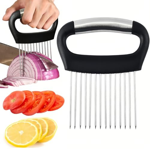 Taglierina Cipolla, Forchetta Cipolle, Acciaio per Verdure Affettatrice Guida, Supporto Aiuti per Affettare, Taglia per Patate, Carote, Carne