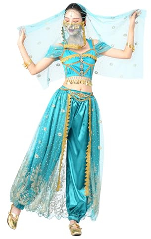 MUNAFIE Jasmin Kostüm Frauen Bauchtanz Kostüm Damen (Oberteil + Hose + Kopfschleier + Gesichtsschleier + Armband) Prinzessin Kostüm