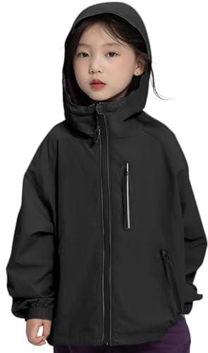 Rolanko Giacca Impermeabile con Cappuccio per Ragazze, Impermeabile Leggera Giacca a vento Giacche da Pioggia Outwear per Bambini Ragazzi 7-14 Anni, Nero, Taglia: 170/13-14 anni