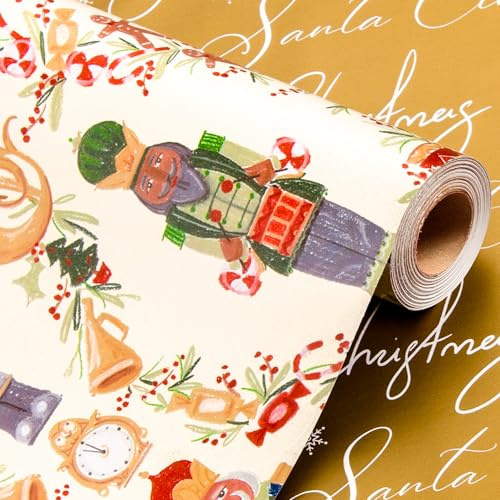 Wikadlik Weihnachts Geschenkpapier Rolle Beige mit Geschenke Verpackungspapier und floralen Nussknacker, Weihnachtsbaum, Trompeten und Lebkuchen für Winter, Feiertage, DIY– 43cm x 10m