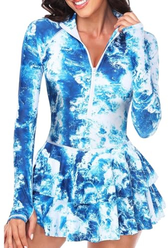 Einteiler Rash Guard Damen, UV-Schutz UPF 50+ Langarm Surf Shirt mit Schönen Mustern Bademode Badeshirt - Schwimmen Monokini mit Bein Rock