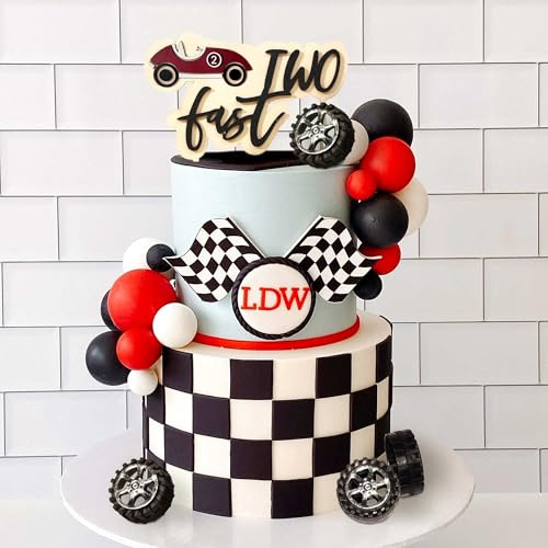Two Fast Cake Topper Race Car Birthday Decorations Party Supplies | for Racing Car Checkered Flag Birthday Party Decorations Supplies Red