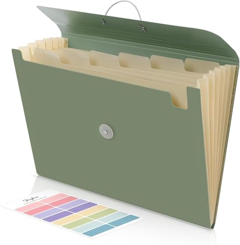SKYDUE Mossgrön A4 Dokumentmapp med 7 Fack och Elastiskt Band - Modern Design, Hållbar PP-plast, Perfekt för Kontor, Skola och Hem