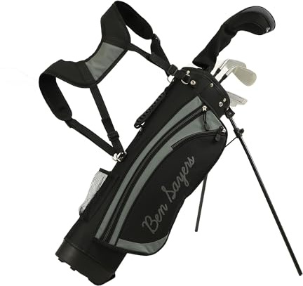 Ben Sayers Junior Stand Bag Golf Package Set | Kids Starter with 4 Clubs | Lightweight Graphite Shafts & Soft Grips | Oversize Driver, Irons, Putter, Bag & Headcovers (Black/Grey, 9-11 years)