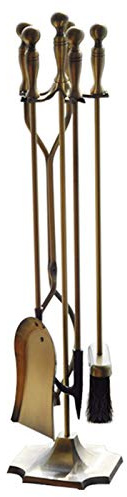 Antikes Kaminwerkzeug-Set aus Messing, 5-teiliges Feuerwerkzeug-Set mit Schmiedeeiserner Ständer, inklusive Zange, Schaufel, Bürste, Schürhaken - Rustikales Kaminzubehör