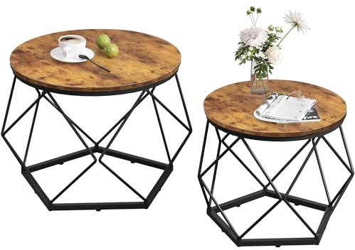 WLIVE Couchtisch rund 2er Set, Wohnzimmertisch mit Metallrahmen, Beistelltisch für Wohnzimmer, Vintage-Flair, abnehmbare Tischplatte, Nachttisch für Schlafzimmer (Couchtisch Rund Set, Braune Walnuss)
