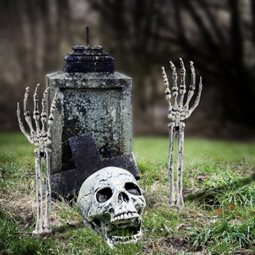 EAPMGQR 3pcs Halloween Skeleton Decoration with Fake Skull Head, Bone of Hand, Hand Crow, Horror Ornaments, Outdoor, Garden Decorations, Cemetery Decorations