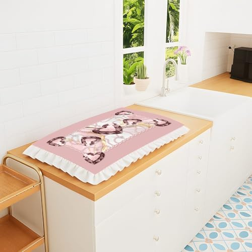 Copri Fornelli 46x70 cm Rosa Bicolore Cuori Effetto Diamante con Perle e Pizzo – Microfibra Poliestere – Stampa Digitale Alta Definizione – Copertura per Cucina con Volant – AntiGraffio e Antipolvere