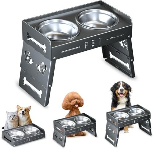 Cuenco elevado para perros con 3 niveles de altura – 2 cuencos grandes de acero inoxidable grueso para perros pequeños, medianos y grandes (gris)