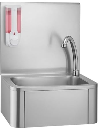 Lave-Mains Professionnel en Acier Inoxydable – Mitigeur à Commande Fémorale – Distributeur de Savon Inclus – Hygiène Sans Contact – Montage Mural