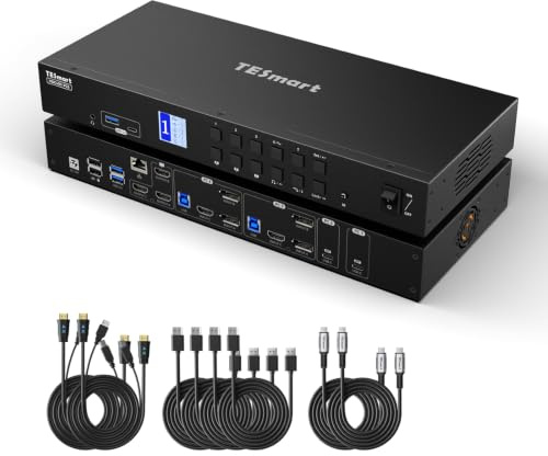 TESmart DP HDMI USB-C KVM Switch, 3 Monitore 4 Computer USB 3.0 4K @ 60Hz, Triple Monitor KVM Dockingstation mit MST, unterstützt Verriegelung L/R Audio-Netzwerk, Laden, EDID, Hotkey/Button