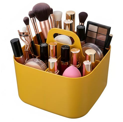 OFFASST Cesta Organizadora con Asa, Caja de Almacenaje de Plástico Apilable con 4 Compartimentos - Organizador para Baño, Cocina, Maquillaje, Escritorio y Manualidades (Amarillo, 16.5x16.5x15.5 cm)