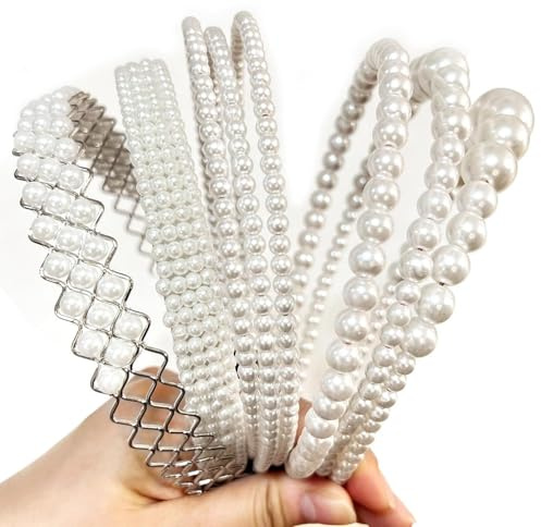 Juego de 6 diademas de perlas para mujer, diademas de perlas sintéticas blancas y cuentas, diadema antideslizante, accesorios para el cabello para invitados de boda y niñas