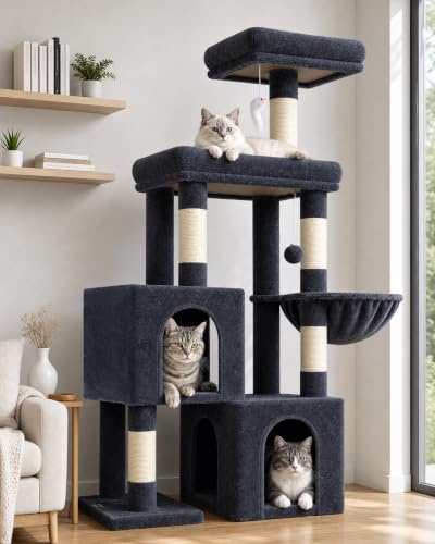 Globlazer Rascador para Gatos con 2 Nidos, Plataformas Acolchada, Zitstang, Cesta, Peluche Juguete, Árbol Rascador Estable Alto 134 cm para Gatito Gato Viejo Descansar Jugar (S52, Gris Oscuro)