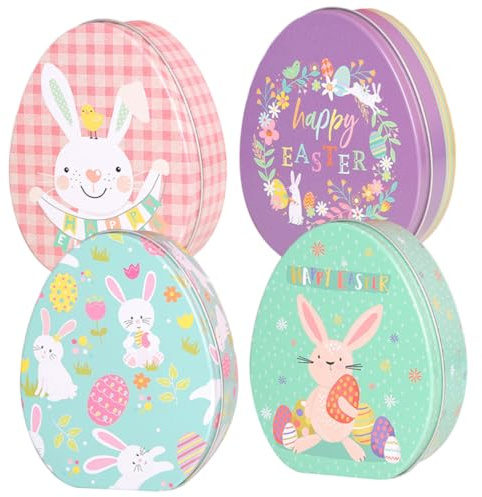 GARIOUANS 4pcs Easter Decorative Candy Boxes Set Portable Tin Packaging with Bunny and Egg Patterns Multi Color Easter Candy Containers for Party and