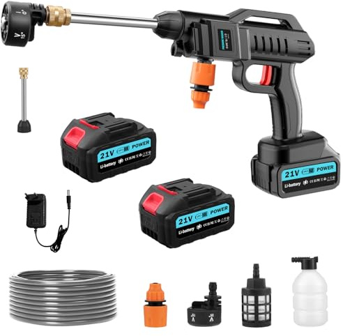 Teodute 21V Hidrolimpiadora Bateria, 62Bar 270L/H, 6 en 1 Ajustable Boquilla Pistola de Agua a Presión con 5M Manguera y 2 Baterías, para Coche Patio Jardín Limpieza de Suelos Riego