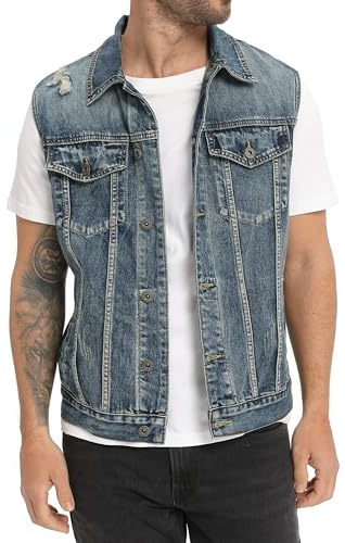 CoXuantion Chaleco de Denim para Hombre Clásico Rasgado de Algodón Chaleco Sin Manga Vintage Jeans Chaqueta con Botones Moto Multibolsillos