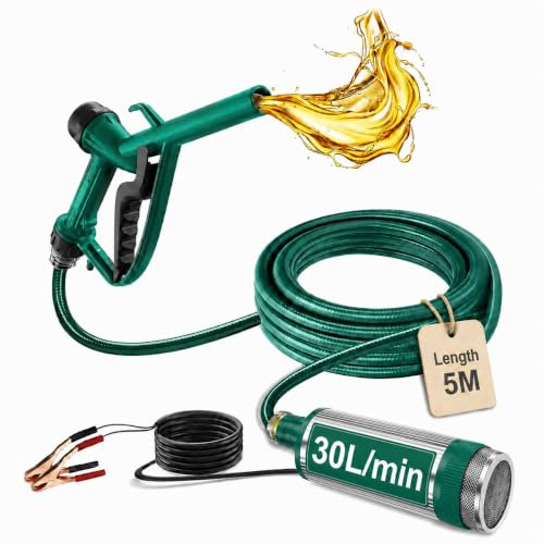 MidingChai Bomba Gasoil 12V, 30 L/min Trasvase Gasoil con Manguera de 5m | Bomba Combustible con Pinza Cocodrilo y Filtro, 100W Bomba Agua 12V CC, 8GPM, para Camione, Tractore, Excavadora