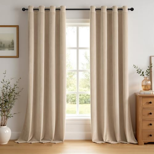 EMEMA Samtvorhänge mit Ösen 2er H-beige Verdunklungsvorhänge H245xB140cm | Samtvorhänge mit Ösen Gardinen Deko Wohnzimmer Weich Verdunkelung Curtains Thermovorhang Schalldämmend Schlafzimmer Gardinen
