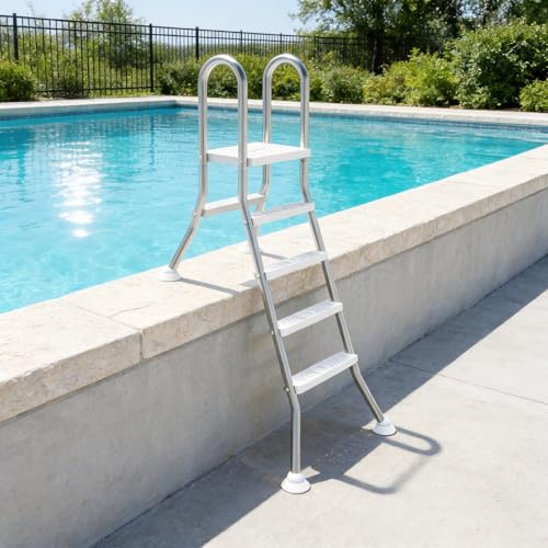 PEILU 4+1 Stufen Edelstahl Poolleitern mit Sicherheitshandlauf, rutschfeste Kunststoff Stufen & Kugelgelenk-Design Standfuß, Stabile Hochbeckenleiter, Schwimmbad Leiter für Pools/Tiefbecken bis 135cm