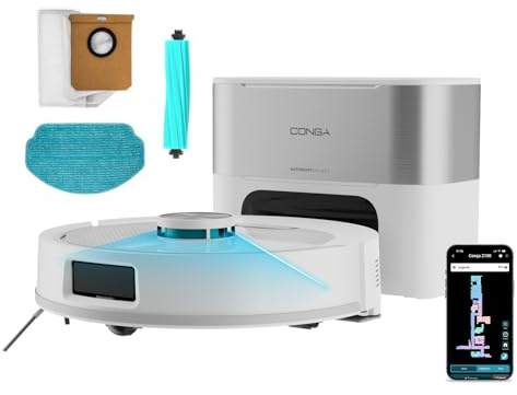 Cecotec Robot Aspirador - Base Autovaciado 3L - IA y Navegación Láser - 25000Pa - Conga Y90 Pearl. Autonomía 240mins en Modo Eco, Cepillo Silicona, Ideal Casas Mascotas, Bluetooth y WiFi, 2 Mopas