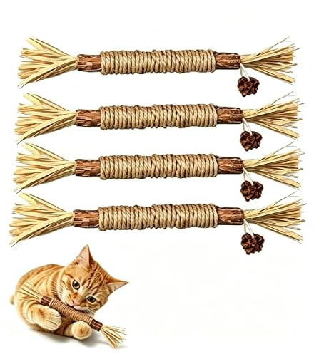4 Pcs Natural Silvervine Cat Chew, Natural Silvervine Cat Chew Sticks | Matatabi Teeth Cleaning Catnip, for Indoor Cats Kittens, Helps Remove Tartar and Relieve Stress, For Everyday Pet