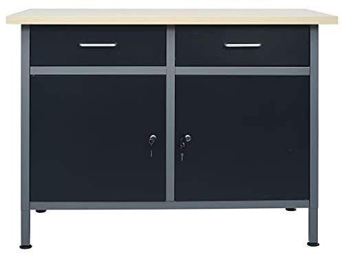 Banco da lavoro in acciaio nero, 120 x 60 x 85 cm, con 2 cassetti, regolabile in altezza, robusto tavolo da lavoro per officina, garage, sala hobby, con contenitore per attrezzi e superficie di