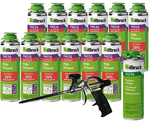 illbruck Profi Set 12x FM220 PUR Bauschaum Monatgeschaum Pistolenschaum á 500ml + illbruck AA290 Reiniger, Schaumpistole Professionell