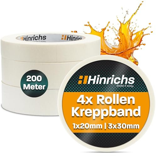 Hinrichs Nastro Carta 4x - Nastro Imbianchino 3 Rotoli 50m x 30mm + 1 Rotolo 50 m x 20 mm - Nastro Adesivo Pittura - Scotch Carta per Lavori di Verniciatura - Nastro Carta per Ristrutturazione e Auto