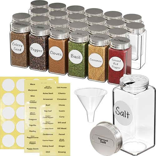 Simple Houseware Spice Jars 4 Ounce Square Glass Bottles with Shaker Lids, Funnel and Labels for Seasoning & Storage, 24 Pack