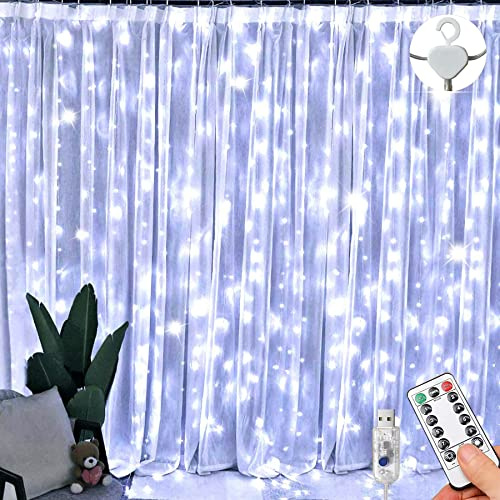 LichterVorhang, 3 m x 3 m, 300 LEDs 8 Modi, Fernbedienung, Timer, verstellbare Helligkeit, Vorhang-Lichterkette, für Schlafzimmer, Garten, Party, Hochzeit, Weihnachten (kaltweiß)