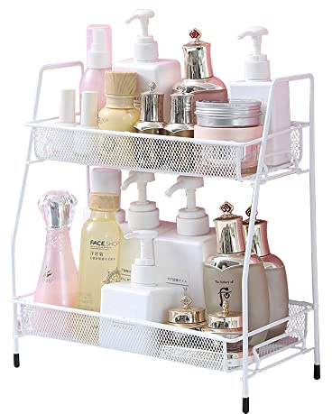 2-Tier Kitchen Spice Rack, Metal Kitchen Storage (36 x 14 x 33cm, White) | Stepped Organizer Basket Can Removable Storage Organizer Holder for Spice Jar, Can, Bottle, Cosmetic Storage Rack
