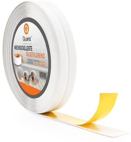 Quest Plinthe Souple Autoadhésive - 10 mm x 10 mm - Bande de finition en PVC pour cuisine, salle de bain - Bande d'étanchéité Flexible, Etanche, Décorative - 5 mètres - Blanc