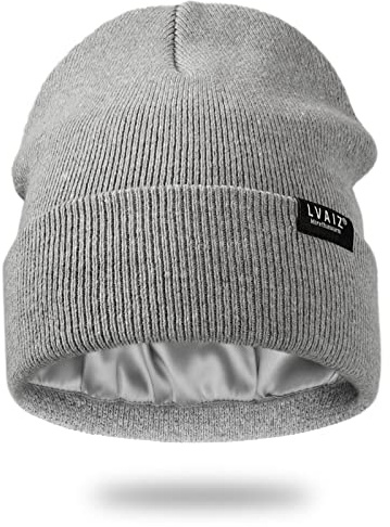 Satinfodrad vintermössa hattar för kvinnor unisex bomull stickad stickad manschett stickad mössa med silkeslent foder slouchy skalle keps, Ljusgrå, One Size