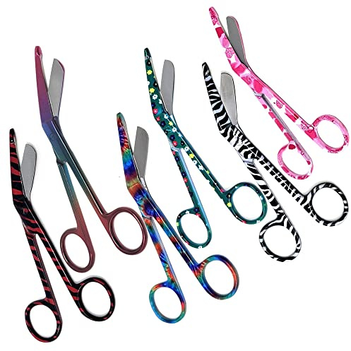 6 Pcs Set of Bandage Scissors 5.5 Long, Nurse Vet Tech Gift - Made of Stainless Steel with Colorful Patterns, First Aid, Used For Cutting Gauze, Tape, Clothing Bandages, Vet Wrap Adhesive Removal